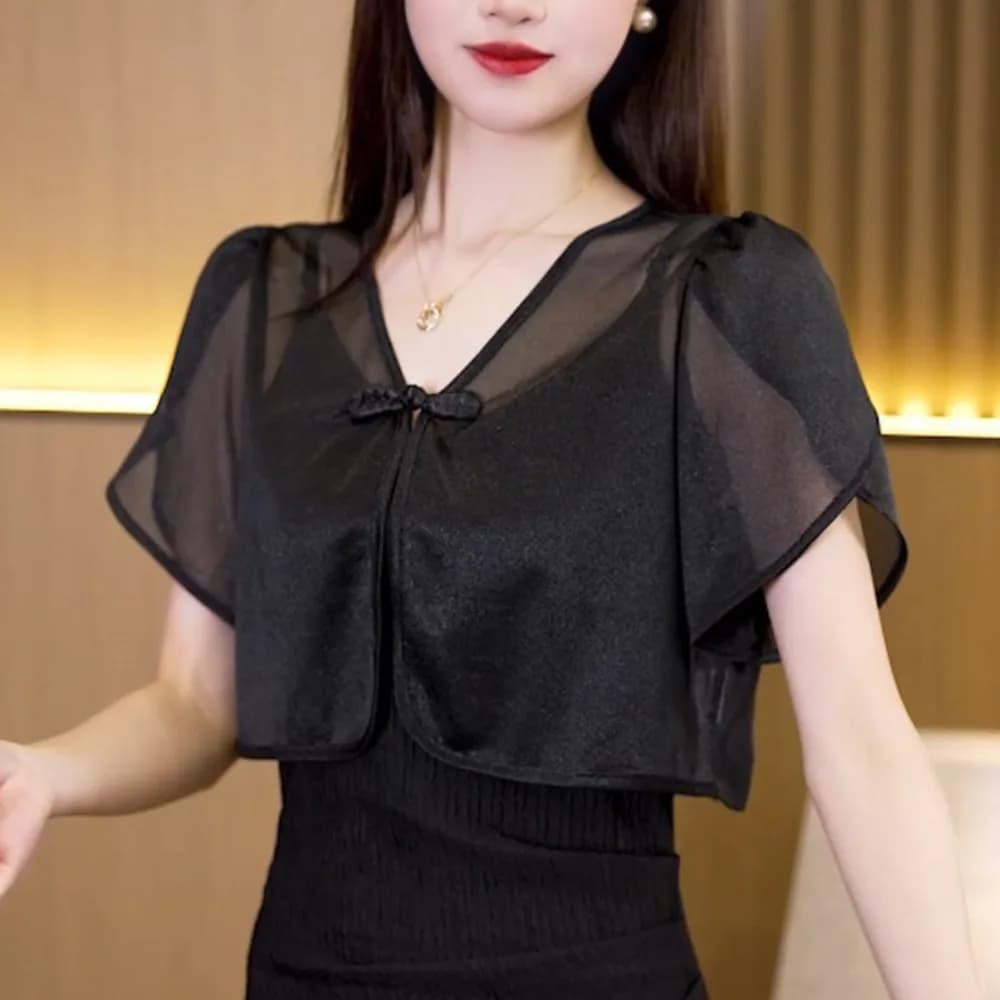 Giacca Sottile in Chiffon, Sciarpa in Chiffon Stile Cinese, Sciarpa in Tulle Bianco e Nero, Top Corto da Donna e Ragazza