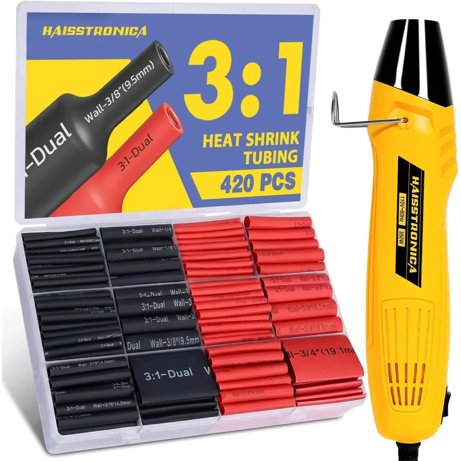 Kit di tubi termorestringenti da 420 pezzi con mini pistola termica, tubo termorestringente con rivestimento adesivo 3:1 per riparazione di cablaggi automobilistici e marini