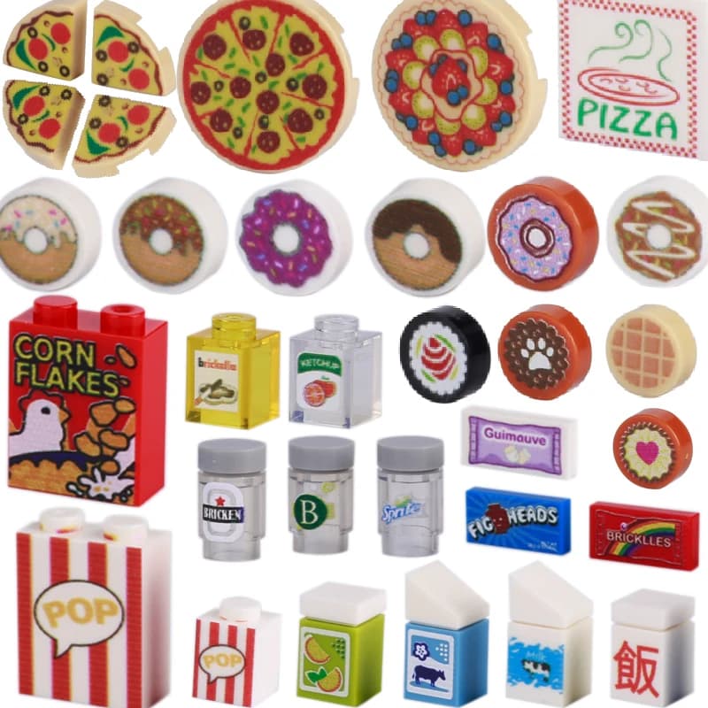 MOC Cibo Piastrelle Stampate Blocchi di Costruzione Kit Pizza Cioccolato Zucchero Dolci Dessert Torta Ciambella Bevande Latte Mattoni Giocattoli Regalo Dei Bambini