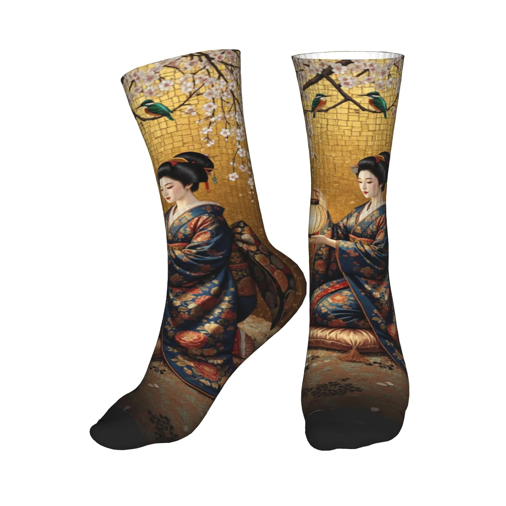 Fun Printing Sakura Kimono Lady Lantern Gold Mosaic Print Socks for Women Men Stretch Summer Autumn Winter Crew Socks
