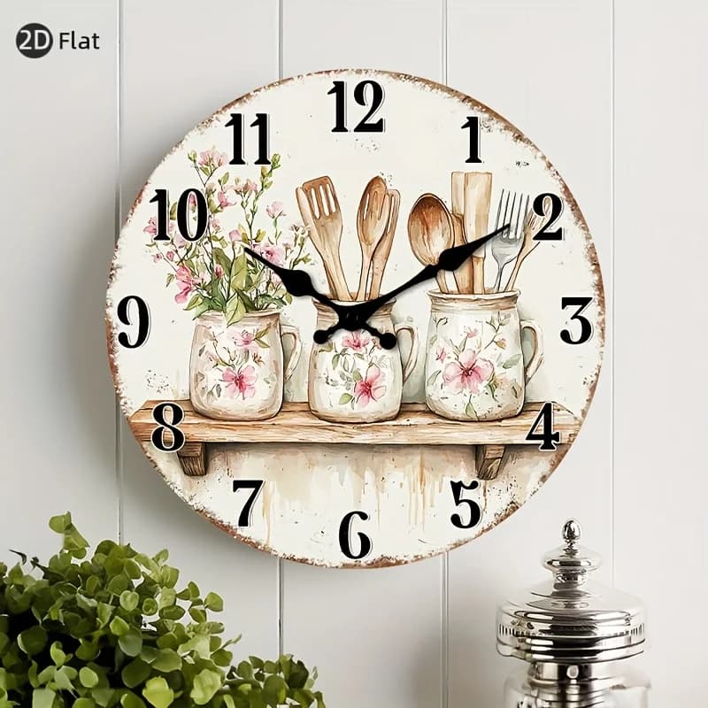 1pc Non-Ticking Wall Clock - 2D Flat Circular Rustic Floral Kitchen Decor with Utensils Design AA Battery Operated
