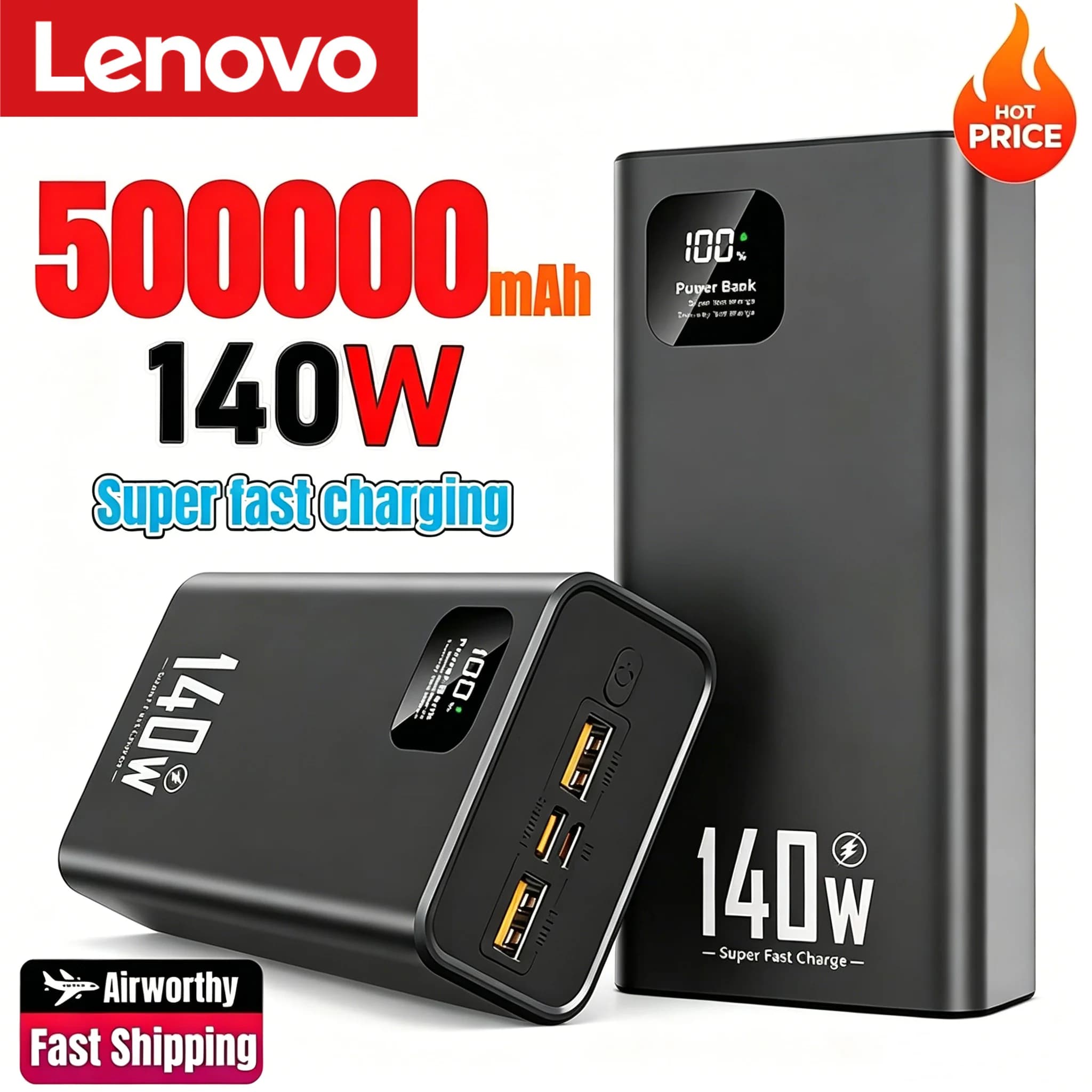 Lenovo 500000mAh Power Bank 140W Super Fast Charging Powerbank Portable External Battery Charger for iPhone Huawei Samsung
