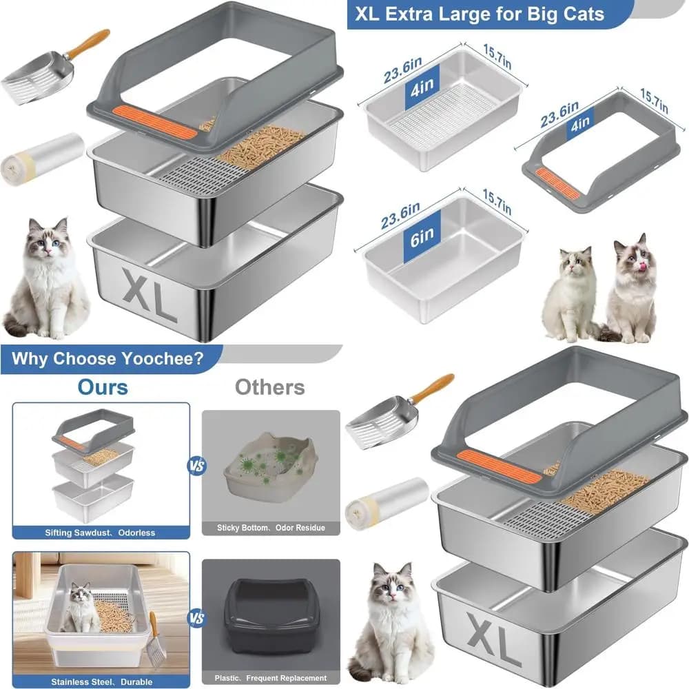Lettiera per Gatti XL in Metallo con Coperchio, per Pellet di Pino, Sistema con Vasca Metallica Anti-Odore, con Sacchetti per Lettiera