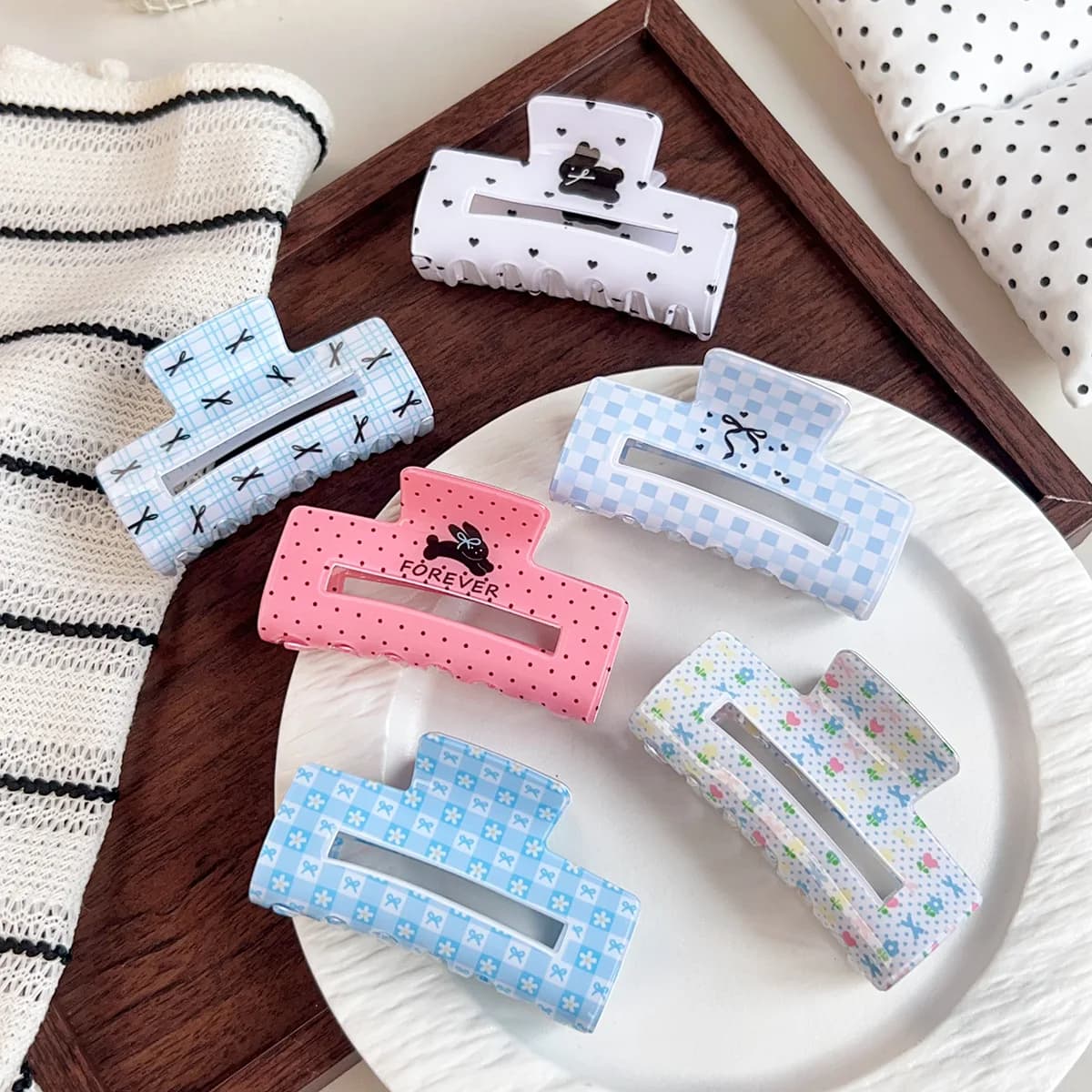 8CM Cute Rabbit Checkered Bow Rectangle Hair Claw Clip Fashion Heart Flower Hair Clip Ins Hair Accessories for Women Girls