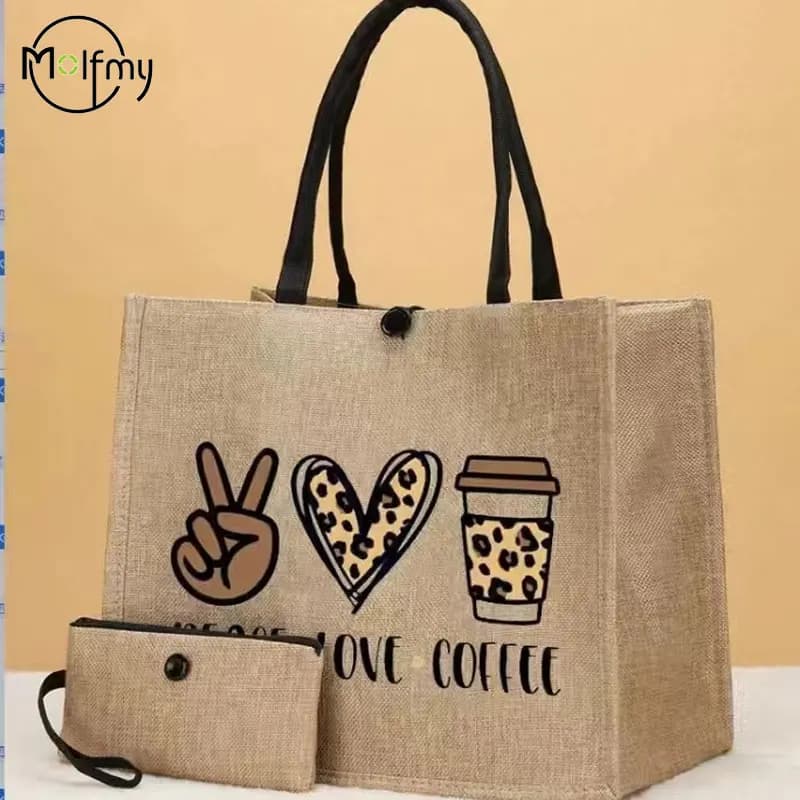 2 piece linen tote bag Large capacity canvas bag Shopping bags Make-up bag Wedding gift Holiday at sea