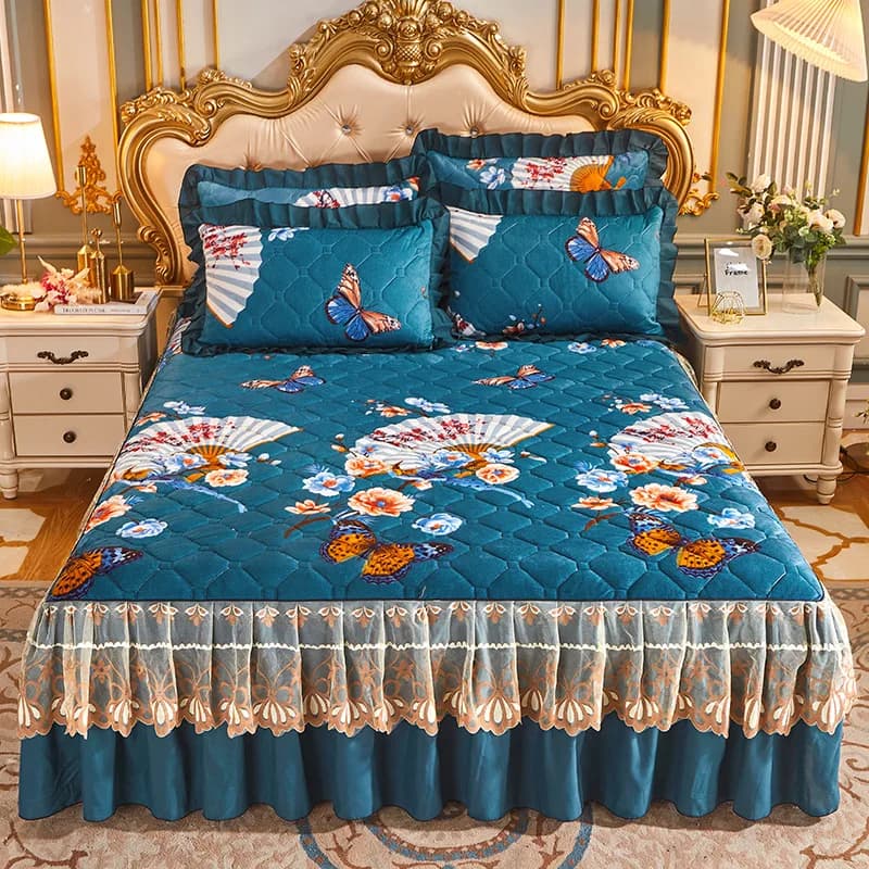 Copriletto in cotone pizzo stile principessa europea, copriletto stile gonna a prova di freddo in velluto di cristallo, pezzo singolo