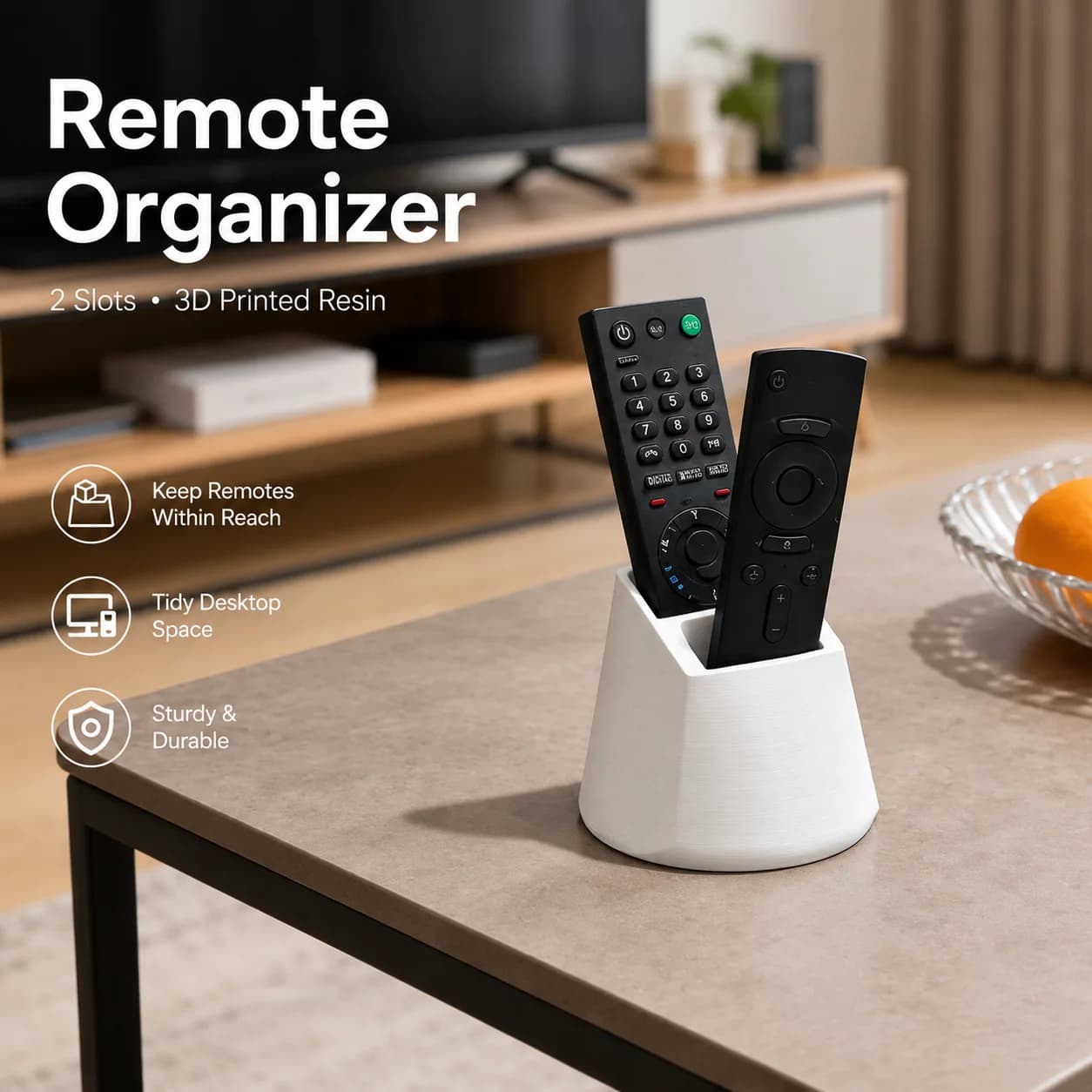 3D Printed Remote Control Holder Resin Desktop Organizer Box Two Slot TV Remote Storage Caddy for Living Room Coffee Table Use
