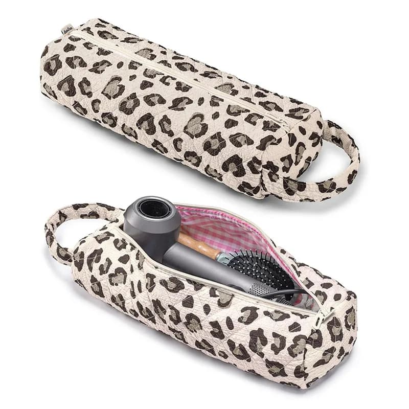 Borsa Organizer Pieghevole Trapuntata con Stampa Leopardata per Ferri Arricciacapelli, Piastra e Asciugacapelli - Contenitore per Strumenti di Styling Capelli