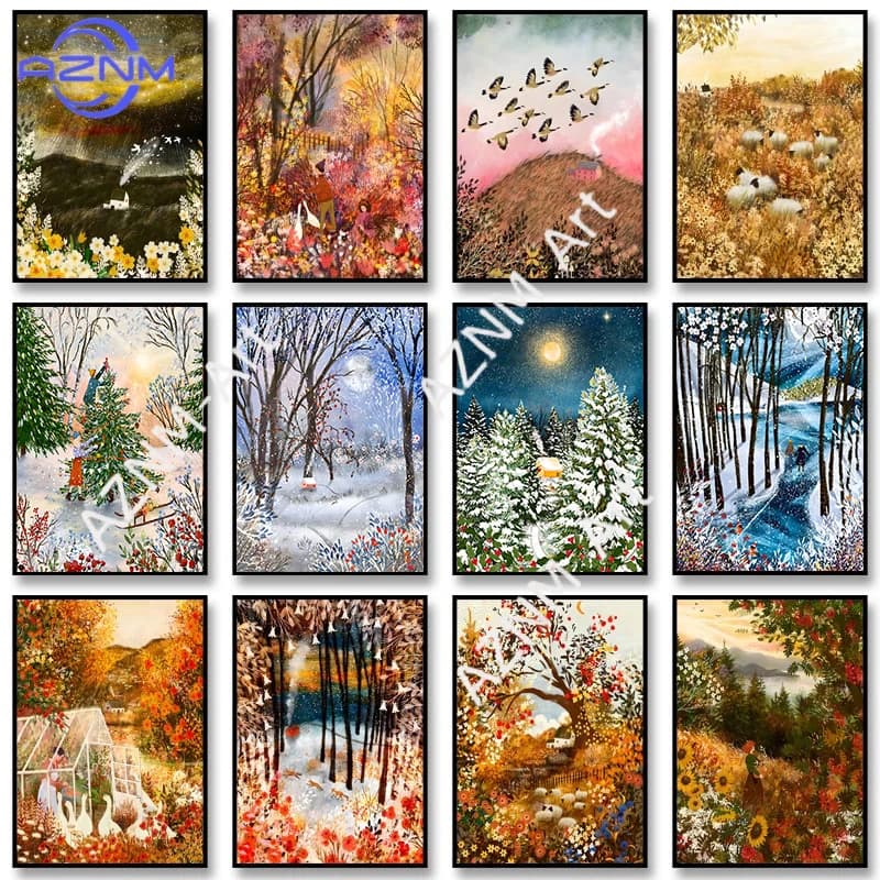 Stampa su Tela con Arte Naturale Autunnale e Invernale, Poster Illustrativo Raffinato, Dipinto su Tela con Arte Estrema, Quadro da Parete per Arredamento Casa