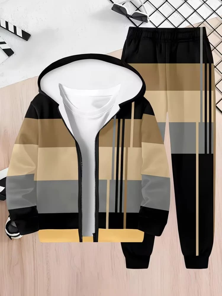 Men's Color Block Striped Zip Up Hoodie Tracksuits 2 Piece Casual Athletic Jogger Pants Set Modern Patchwork Streetwear Suits