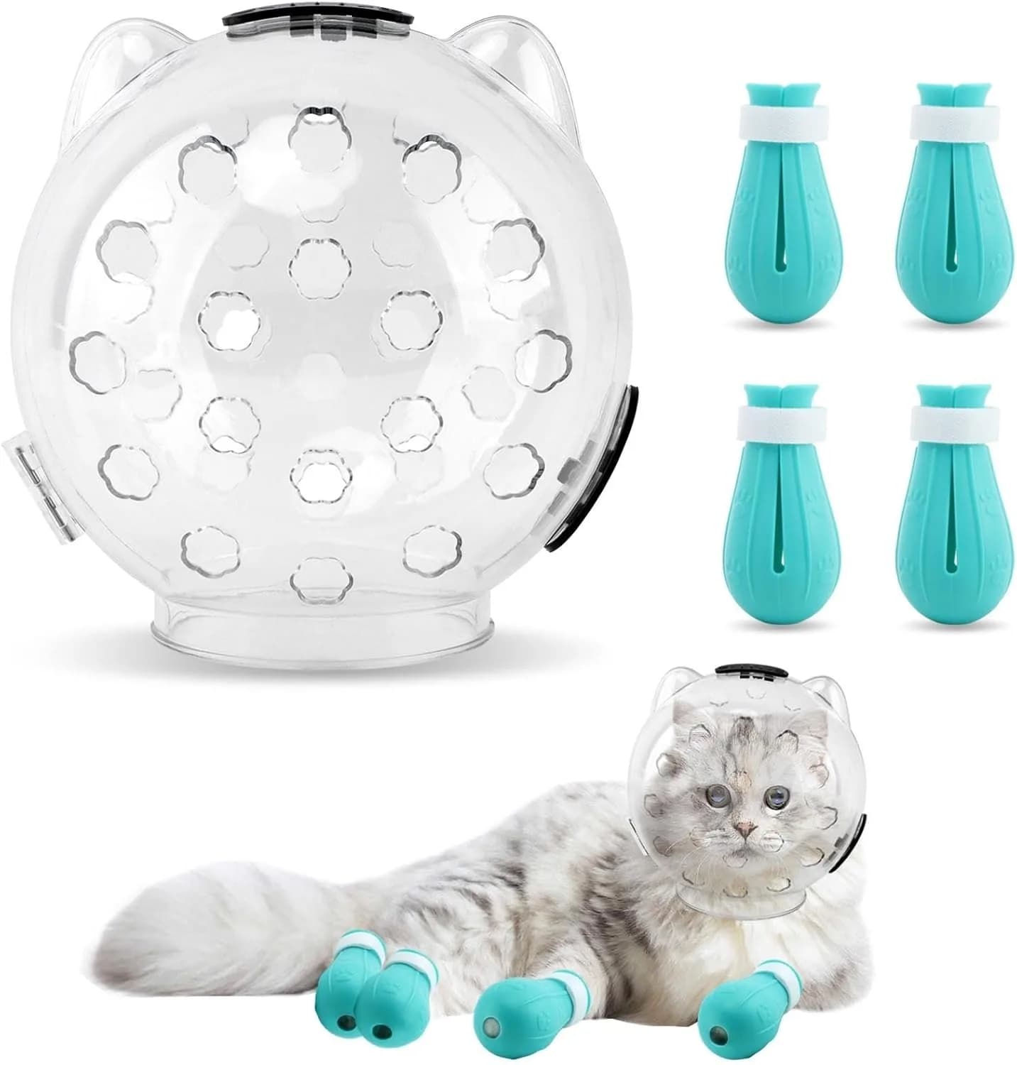 Cat Bubble Muzzle Helmet for Grooming, Anti Bite Anti Licking Pet Grooming Helmet with 4 Silicone Anti-Scratch Paw Shoes