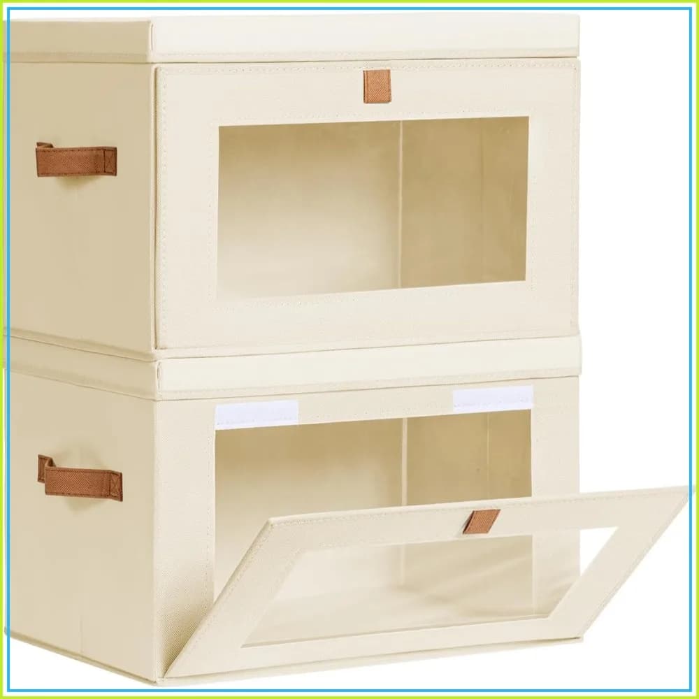 Large Closet Storage Organizer - 2 Pack Beige Fabric Bins with Handles & Window, Collapsible Decorative Boxes with Lids for Living Room, Dorm