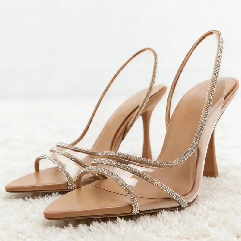 Sandali con Tacco Alto in PVC con Cinturino in Strass di Lusso, Scarpe Eleganti da Donna con Punta a Spillo per Matrimoni e Banchetti
