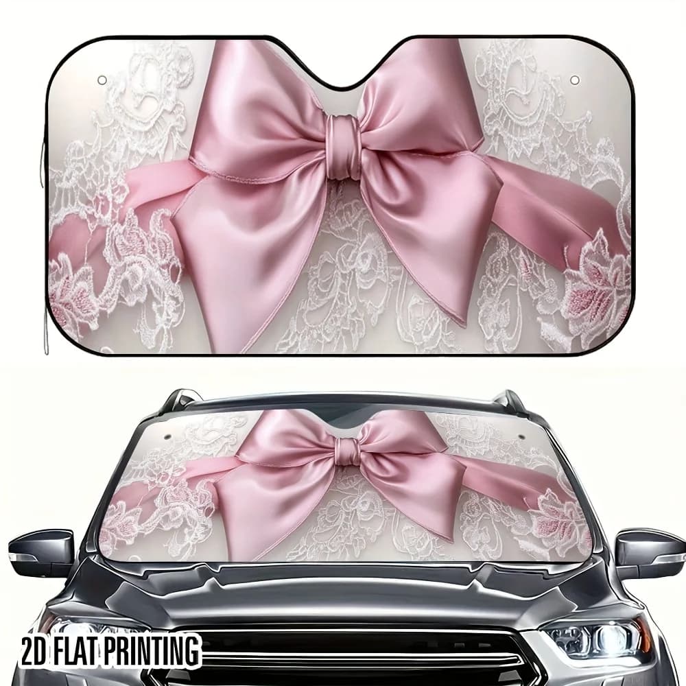 Parasole per auto con fiocco rosa e pizzo da 1 pezzo - Copertura per parabrezza pieghevole resistente al calore con 4 ventose, adatta per SUV Sedans Furgoni Camion