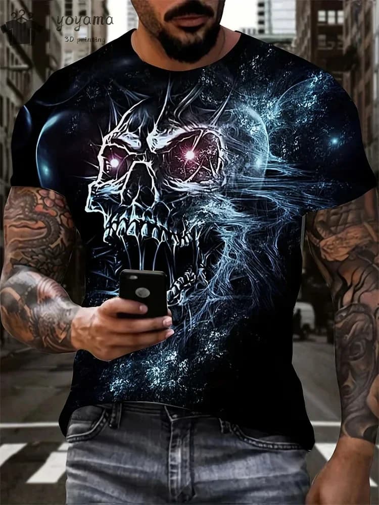 T-shirt Estiva da Uomo 26 con Teschio Horror di Halloween, Comoda e Traspirante, Girocollo, a Maniche Corte, per Esterni, Casual, per Feste