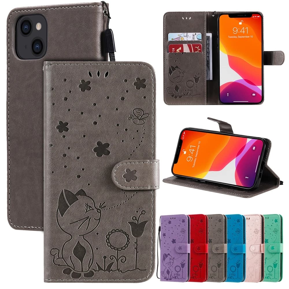 Portafoglio Flip Cover Bella Cat Bee Custodia per Samsung Galaxy S25 S24 S23 S22 S21 Ultra Plus FE A55 A15 A35 5G A05 Custodia in pelle per telefono