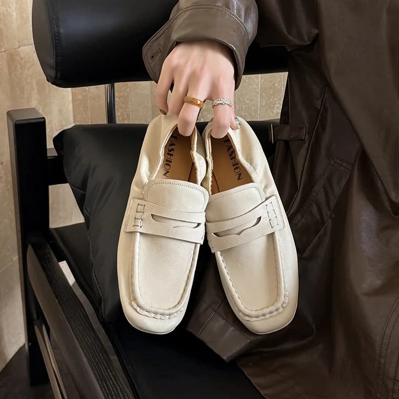 Mocassini da Donna Primavera Autunno Stile Classico Scarpe Semplici in Camoscio Naturale Punta Quadrata Slip-On per Lavoro e Uso Quotidiano
