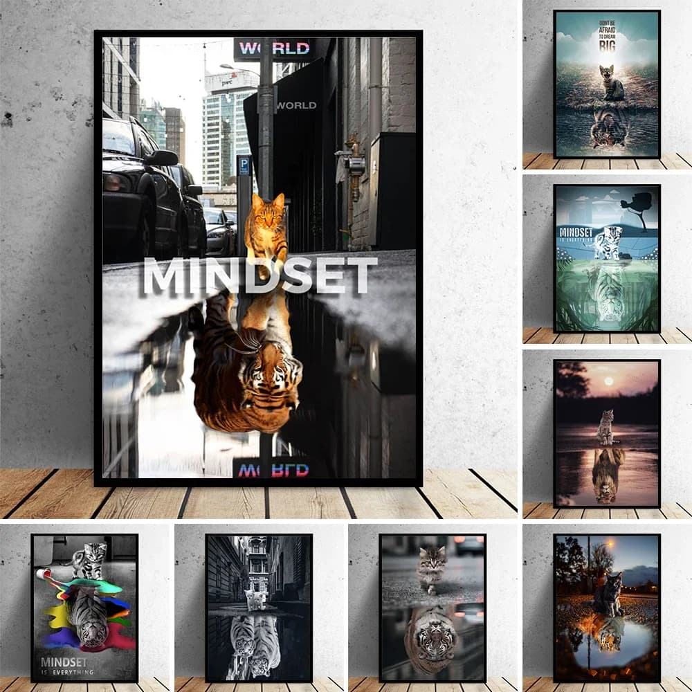 Mindset Motivational Poster Animal Cat Tiger Lion Canvas Painting Inspirational Wall Art Pictures Home Decor No Frame Cuadros