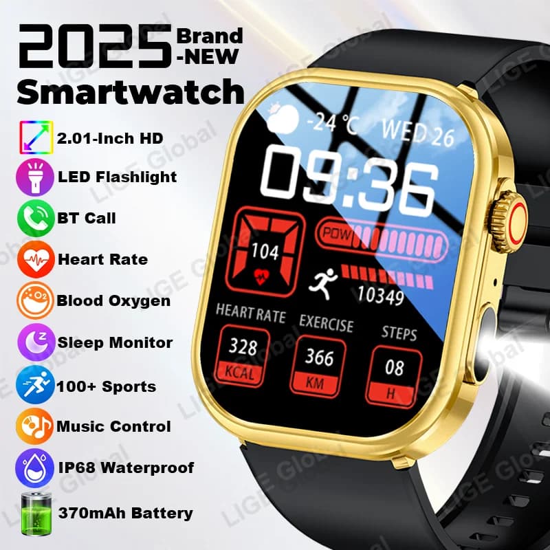 LIGE New Men Smart Watch Flashlight 370mAh 2.01" HD Screen AI Voice Bluetooth Call Sport Women Watches Health Monitor Smartwatch