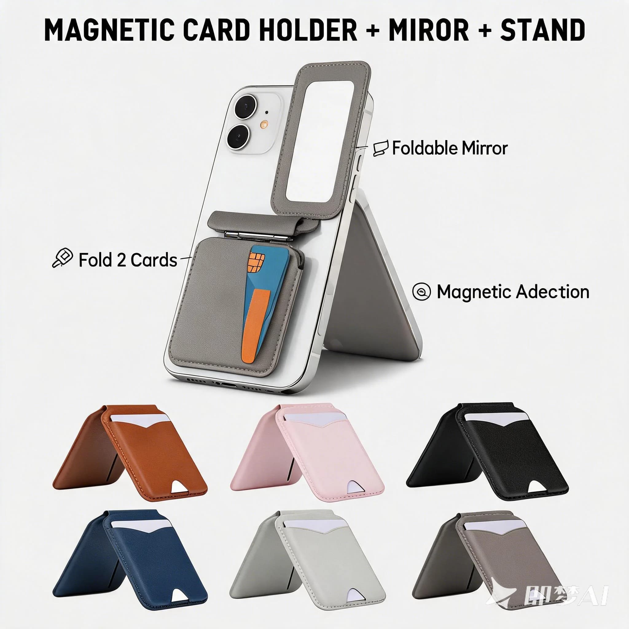 For Magsafe Fashion Wallet Magnetic Stand with Makeup Mirror for Apple Phone Series Adjustable Kickstand PU Leather Card Holder