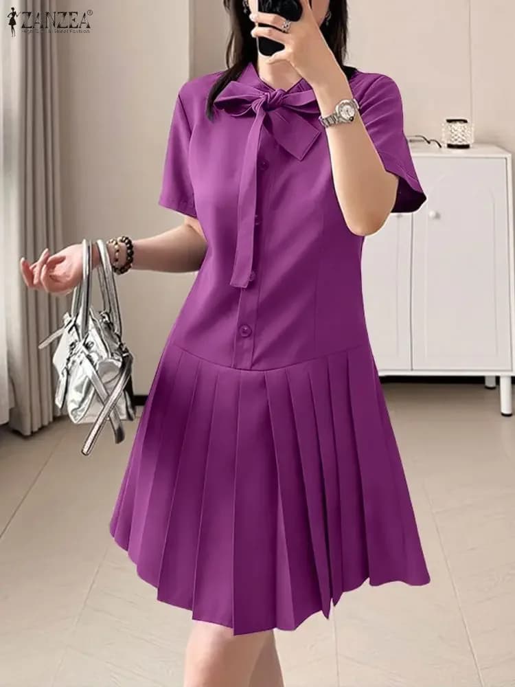 ZANZEA Donne Eleganti Mini Abiti 2025 Abito Estivo Manica Corta Bottoni Up Abiti Abito A Pieghe Elegante Solido OL Vestito Estivo da Lavoro