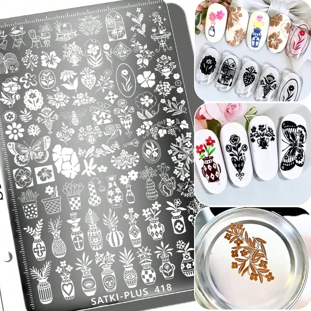 Piastre per stamping nail art, piastra in acciaio per stamping floreale, raschietto in silicone per stamping, piastre per stamping unghie con vasi, farfalle e fiori in stile cinese, accessori per stamping unghie per principianti