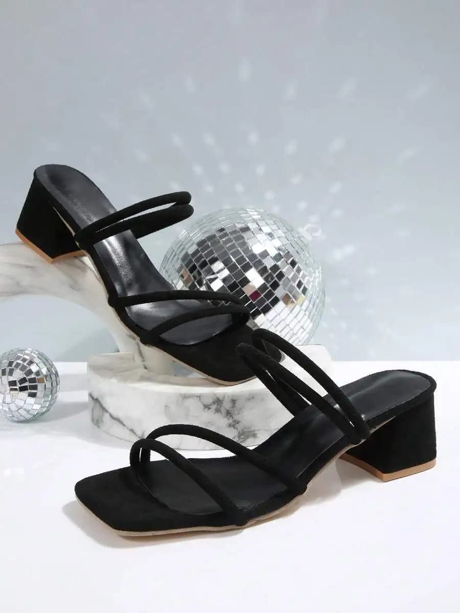 Womens Black Suede Slide Sandals With Square Chunky Heel Cross Strap Dress Shoes
