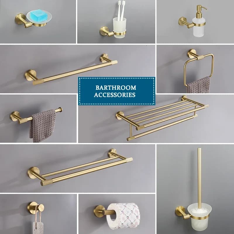 Kit Accessori Bagno in Ottone Spazzolato Oro con Porta Asciugamani a Muro, Porta Carta Igienica e Ganci per Accappatoi
