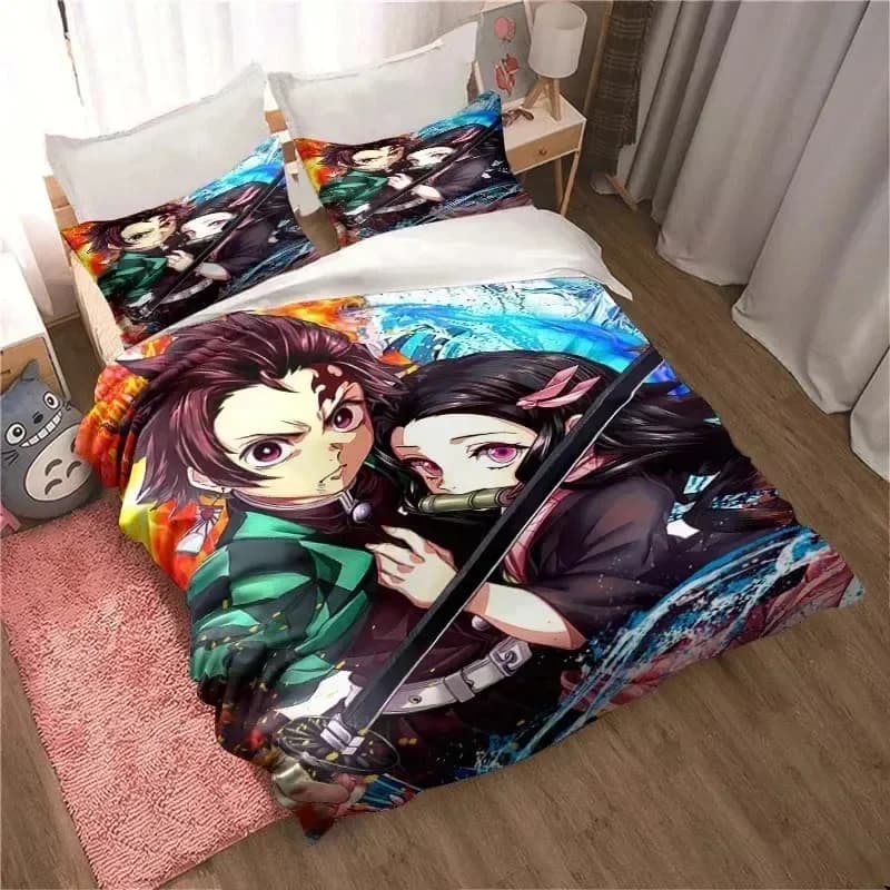 Demon Slayer, gift of anime cartoons King Twin Set of double bed linen for children Set of microfiber or polyester headdress Bed cover with