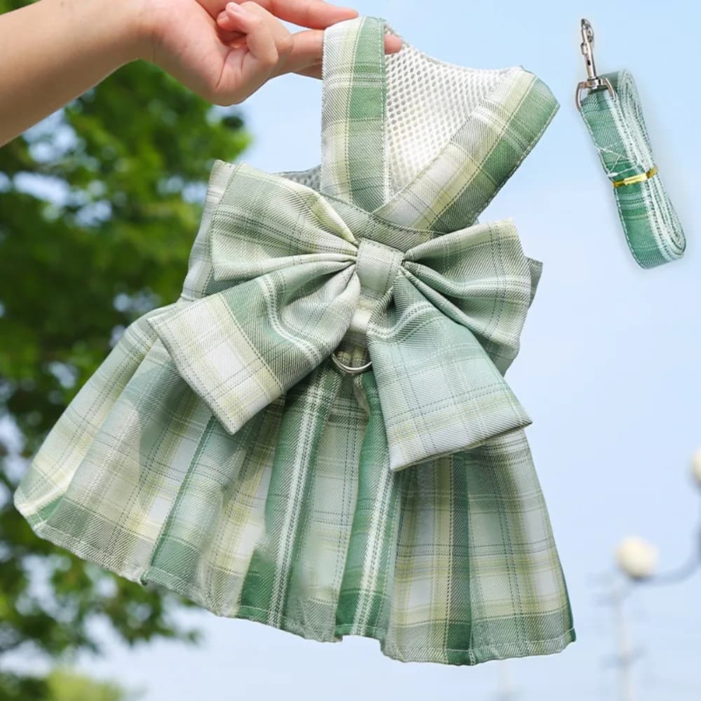 Riutilizzabile con guinzaglio Trazione per cani Plaid JK Abito Sottile Dacron Pettorina Gonna Lavabile Confortevole Gonna con fiocco per cani Cucciolo