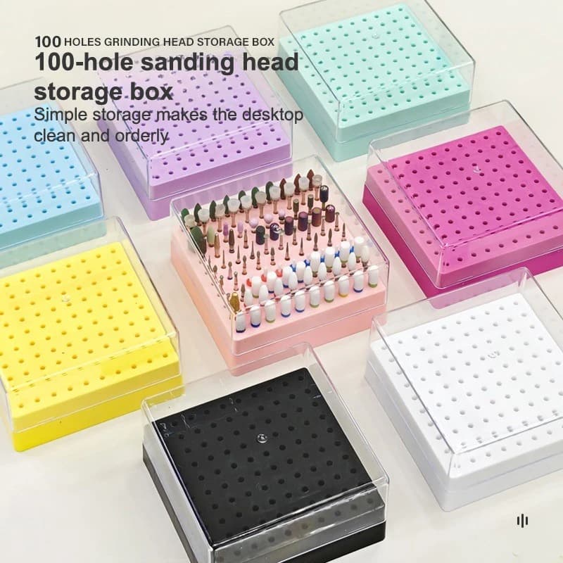 100 hole nail art drill holder box, for grinding, nail head tips holder, nail drill tips display, plastic nail holder
