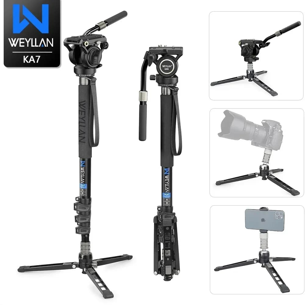 Monopiede per treppiede per fotocamera Monopiede professionale per fotocamera Dslr 360 Panorama Testa fluida Telefono cellulare Mini treppiede flessibile KA7