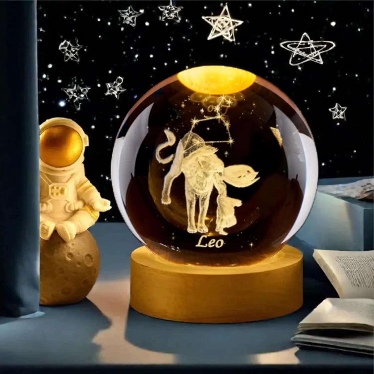 Sfera di cristallo 3D Leo con base luminosa in legno Costellazione Sfera di vetro Palline decorative Fermacarte Regali di compleanno Decorazioni per la casa