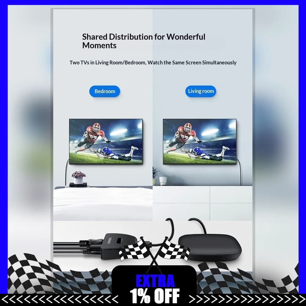UGREEN 40207 HDMI Splitter 1 in 2 Out 4K 30Hz Dual Screen Mirroring Distributor for TV Monitor Projector