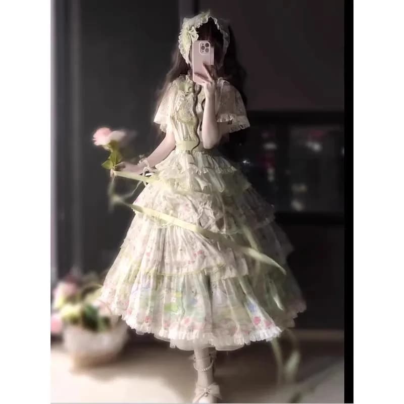 Green Swan JSK Stile Campagna Lolita con Sciarpa, Elegante Abito Lolita Quotidiano a Maniche Lunghe, Linea ad A, Vita Alta, Stampa Floreale