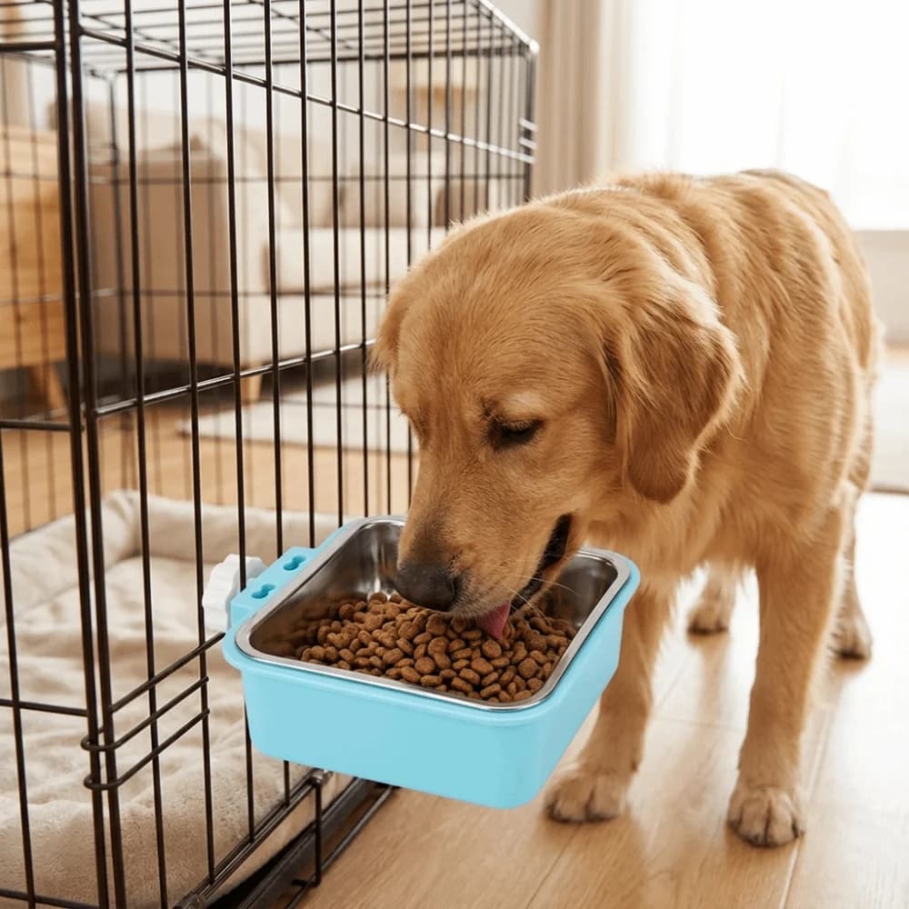 Metal Hanging Pet Bowl Food Grade Square Shape Metal Dog Bowl Adjustable Mount Detachable Inner Bowl Crate Mount Pet Bowl
