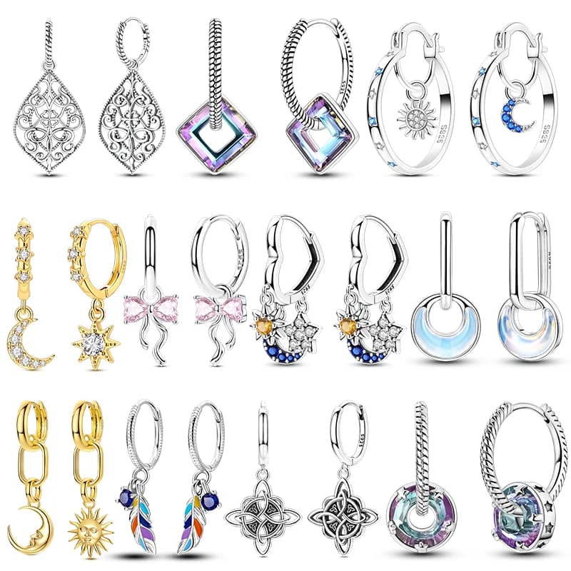 Original 925 Sterling Silver Earrings Moon Stars Sun Bow Hoop Earrings for Teens Women Female Party Fine Earring Jewelry