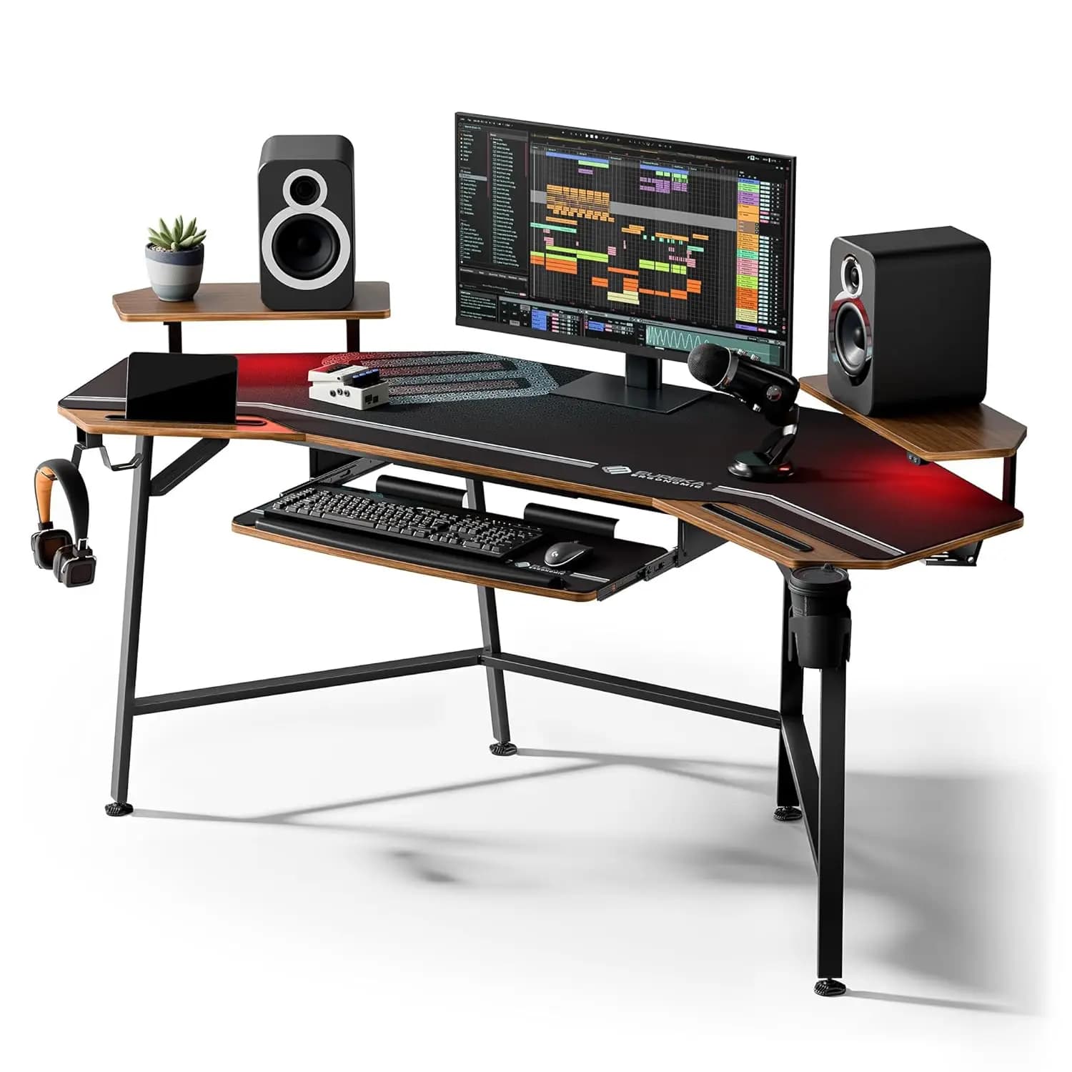 Scrivania da Gaming 72 Pollici con Vassoio per Tastiera, Supporto Monitor LED, Doppio Gancio per Cuffie, Studio per Streaming Live, Noce, Personalizzabile