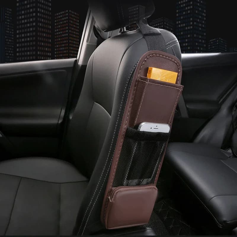 Borsa per organizer laterale per seggiolino auto in pelle PU Supporto per portaoggetti in rete per interni auto per tazza, bevande, telefono, tasca per riordino per auto