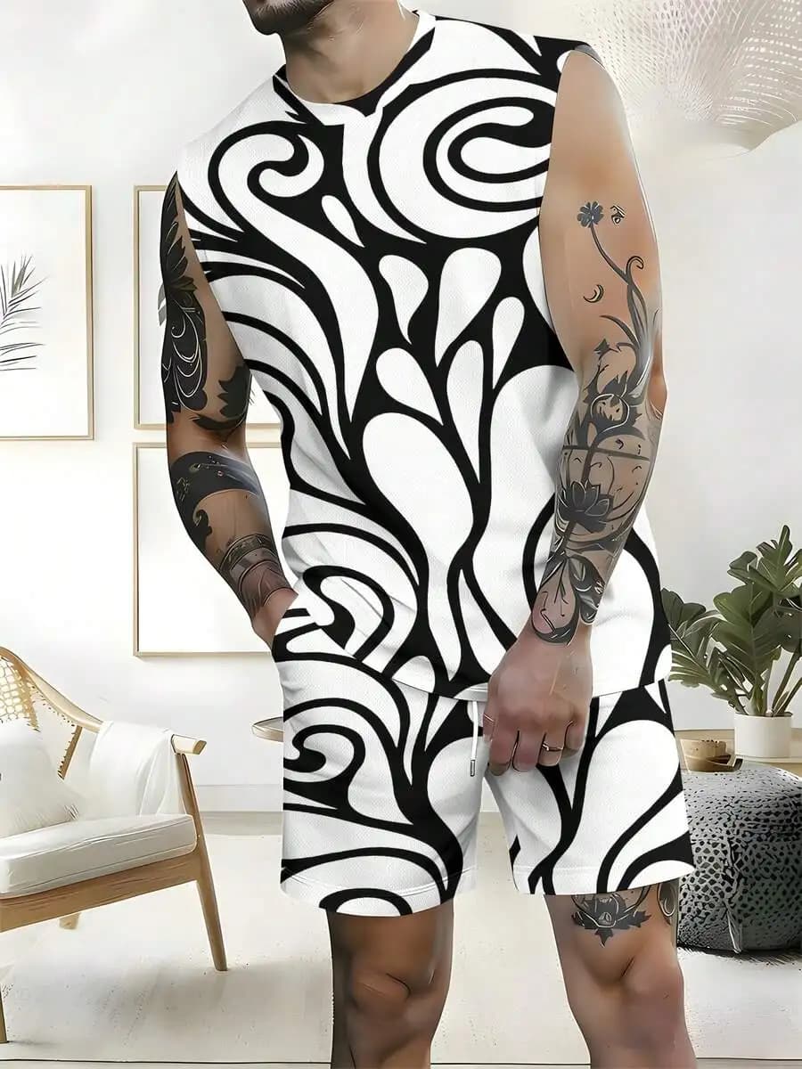 Abstract Wave Pattern 2026 European & American Spring Summer Autumn New Style Wide Shoulder Tank Top & Beach Shorts Set Men