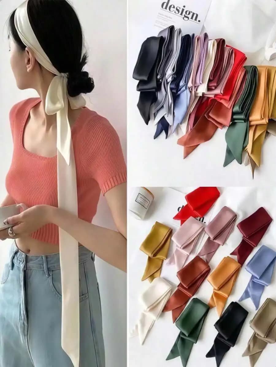 Sciarpa in seta da 2 m per donna, elegante accessorio decorativo con fiocco per fascia per capelli