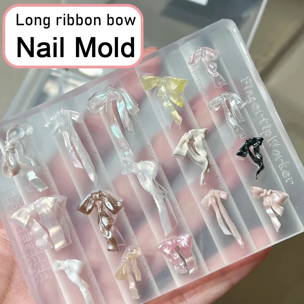 3D Hand-Carved Fairy Ribbon Bow Nail Art Molds for Long Nails Bow Knots Silicone Nails Mold Template DIY Decorations Accessories