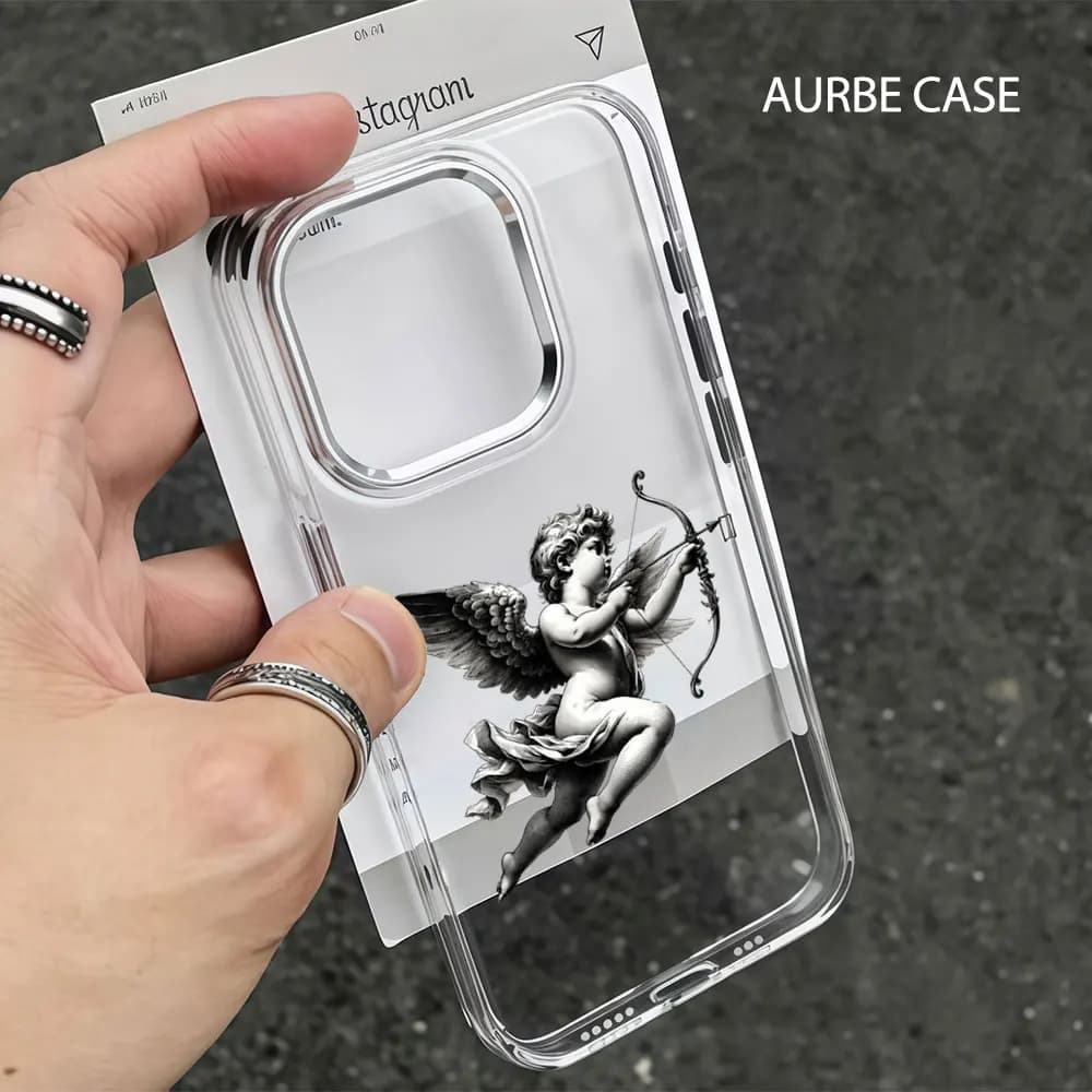 Custodia Aurbe per iPhone 17 16 15 14 13 12 11 Pro Max 16E con cornice lente argentata e cover trasparente a forma di freccia di Cupido