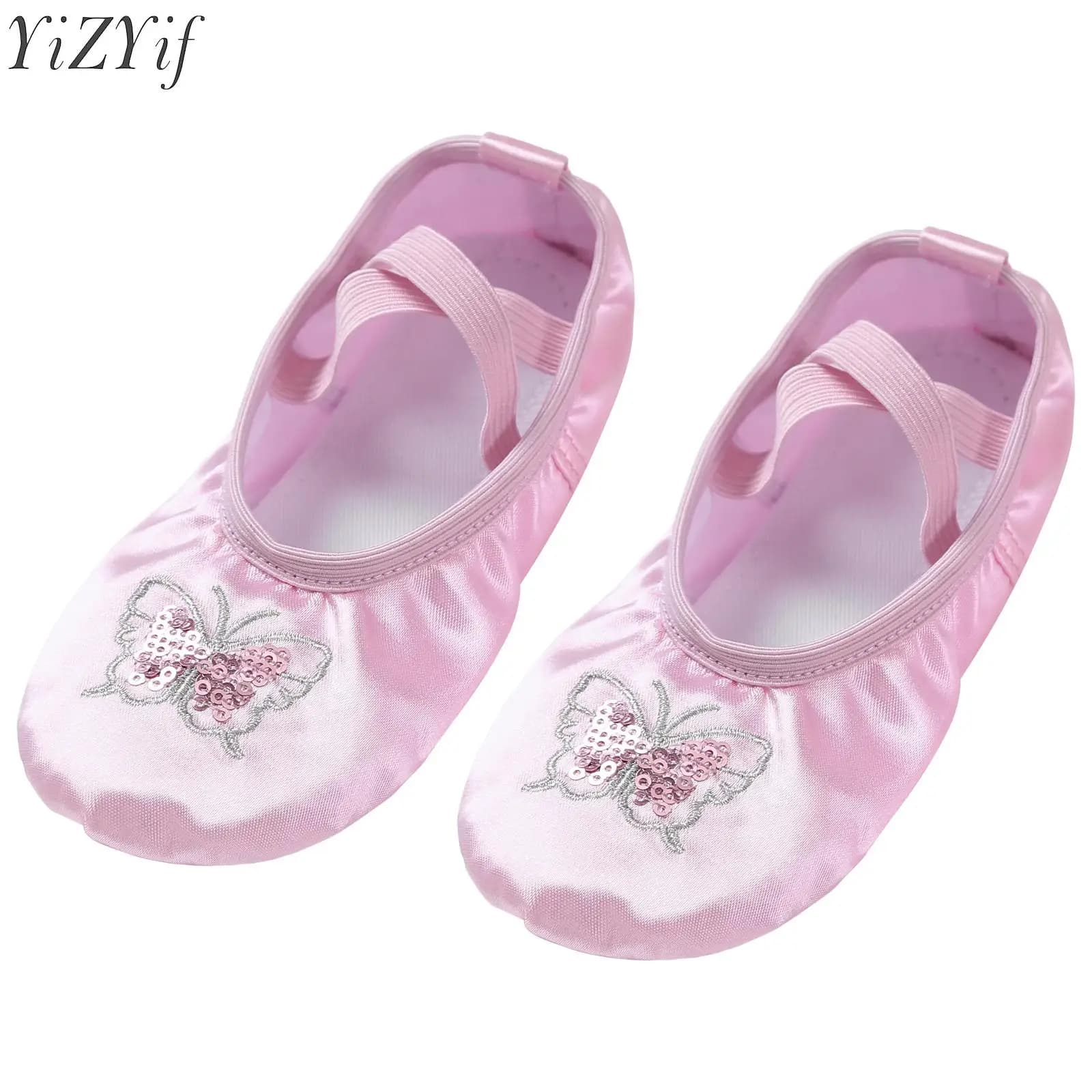 Scarpe da ballo per bambine con fascia elastica incrociata, suola morbida, in raso con paillettes a forma di zampa di gatto, per danza, ginnastica e balletto