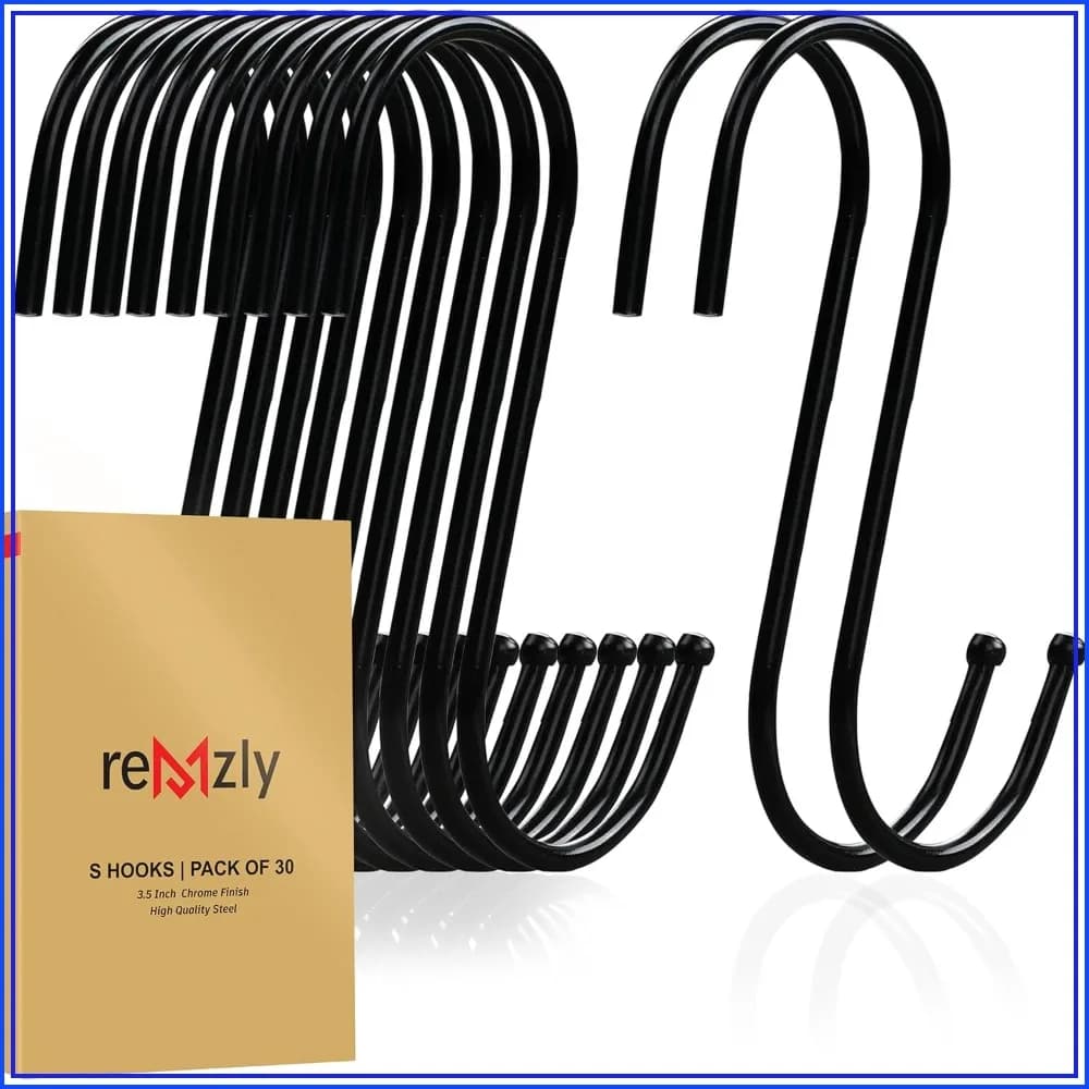 30 Pack Heavy Duty S Hooks 3.5 Inch - Black Metal Hooks for Hanging Jeans, Kitchen Utensils, Pots, Towels & More