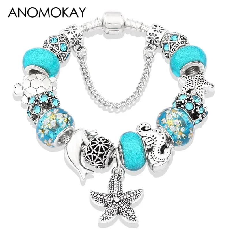 Bracciale con ciondoli in cristallo serie Blue Ocean Bracciale con perline animali tartaruga stella marina placcata in argento Bracciale con ciondolo a forma di delfino