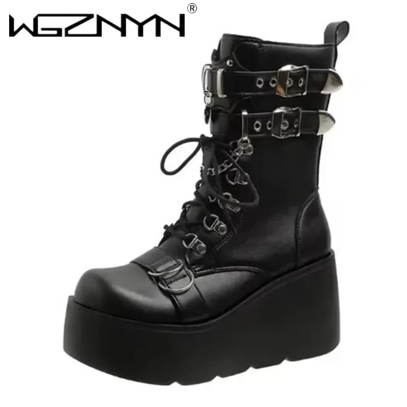 2025 Punk boots with sturdy platform Woman Fashion Buckle Wedges Women Boots thick leather High heel Moto Botas Plus Size