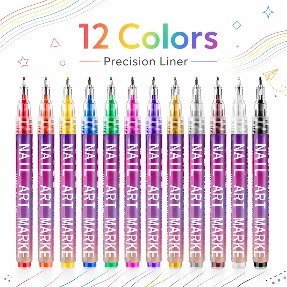 Set di 12 Pennarelli a Punta Fine 0,5mm, Inchiostro a Base d'Acqua, per Nail Art, Illustrazioni, Disegno e Forniture Artistiche