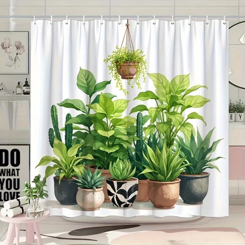 1 pezzo grande 70,8x70. Tenda da doccia con verde, piante grasse, cactus e piante mediterranee - Design del deserto botanico, sfondo bianco