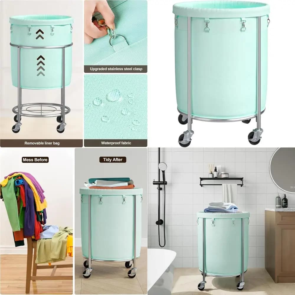 Cesto Portabiancheria con Ruote da 170L, Borsa Rimovibile, Telaio in Acciaio, 4 Ruote e 2 Freni, Perfetto per Uso Domestico in Verde Menta